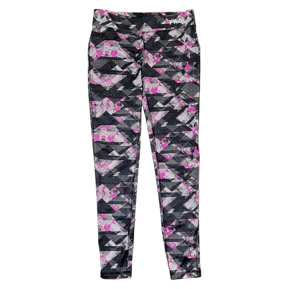 Fila Running Black Pink Gray White Geometric Pattern Athletic Leggings XS - Picture 1 of 11